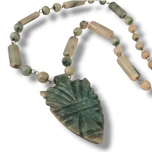 Vintage Art Deco Carved Necklace Mexican Mayan Aztec Pendant Aquamarine Jadeite